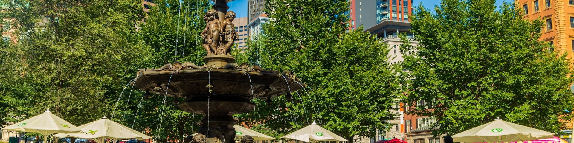 Un parque público con una gran fuente, rodeado de árboles y edificios modernos.