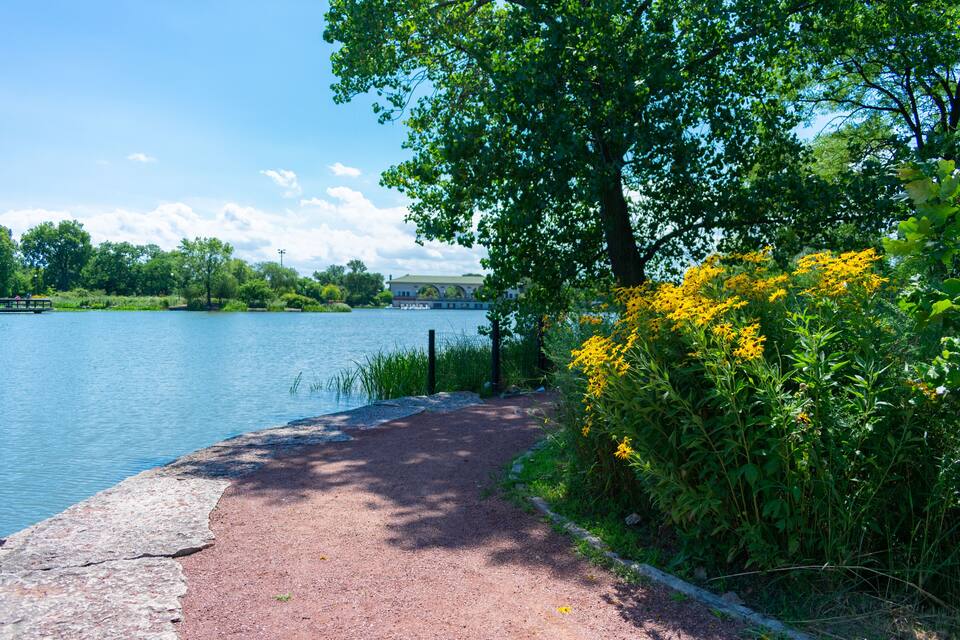 Sentiero lungo il fiume con un cordolo in pietra, vegetazione rigogliosa e fiori gialli.