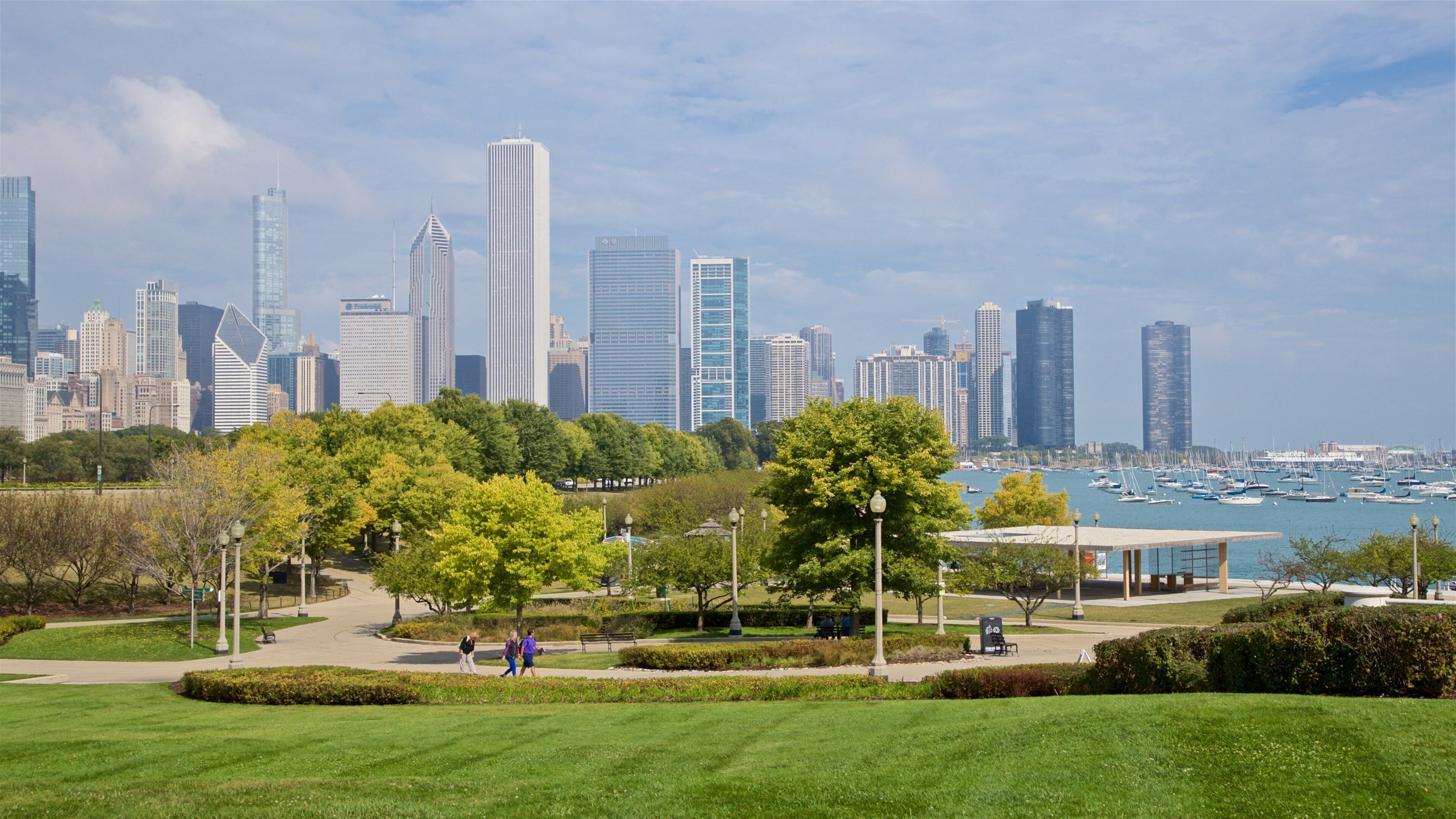 Grant Park showing a city, a bay or harbour and a park