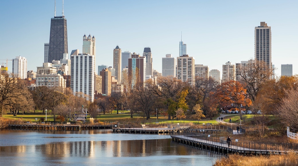 Lincoln Park showing a city and a lake or waterhole