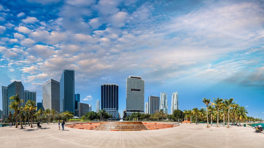 Miami at sunset. Bayfront Park and beautiful downtown skyline