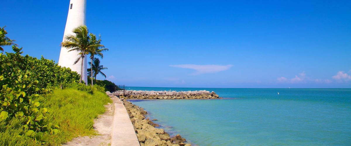 Parque estatal Bill Baggs Cape Florida mostrando un faro, vistas generales de la costa y costa escarpada