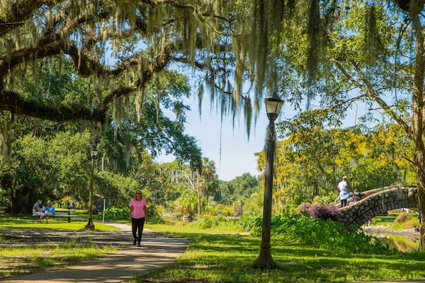 A park with a walking path, trees with Spanish moss, a stone bridge, and a lamp post.