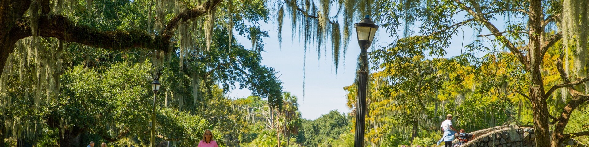 Um parque com trilha para pedestres, árvores com musgo espanhol, uma ponte de pedra e um poste de luz.
