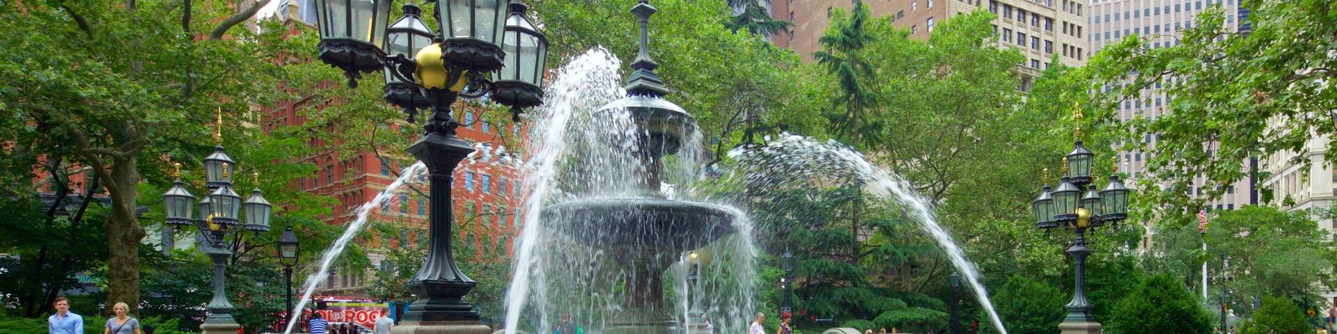 City Hall Park which includes a garden, a city and a fountain