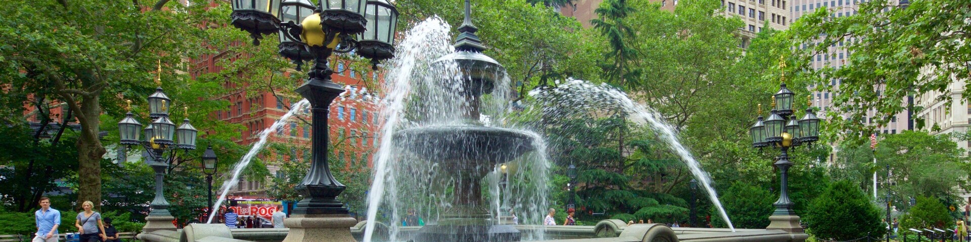City Hall Park which includes a garden, a city and a fountain