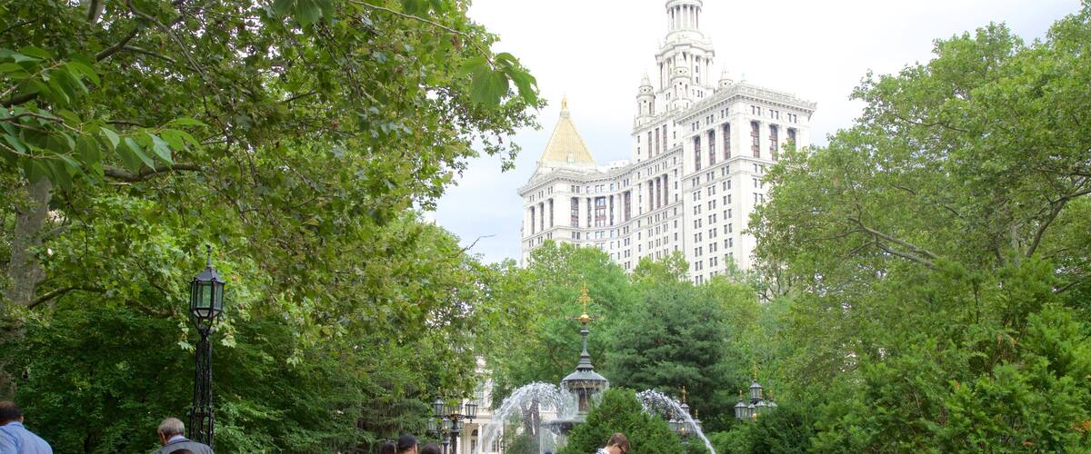 City Hall Park featuring heritage elements, a fountain and a garden
