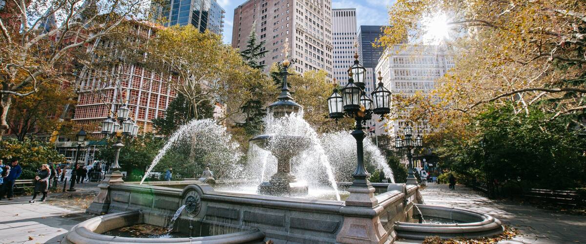 City Hall Park showing a city, a sunset and a fountain