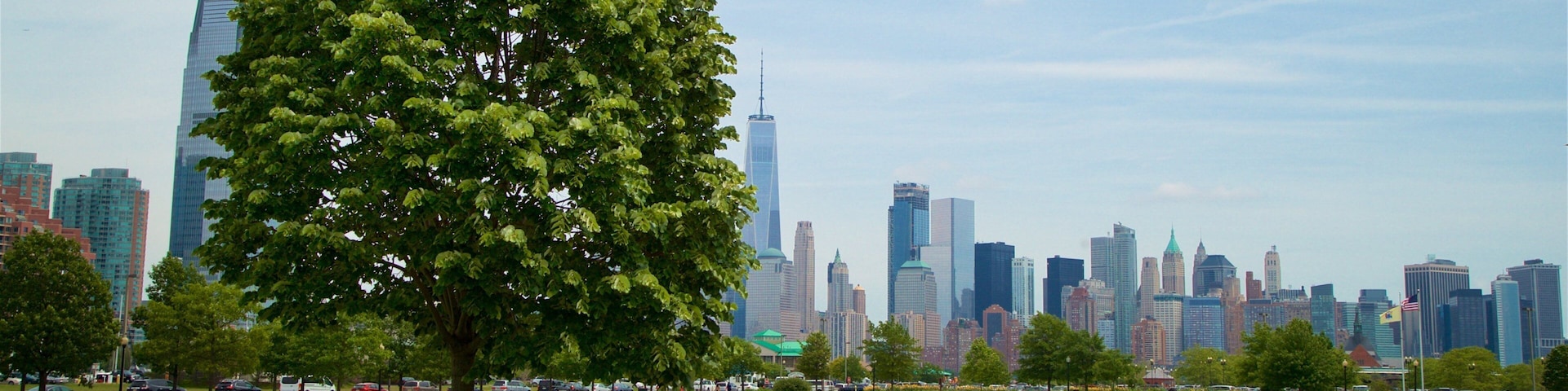 Liberty State Park mostrando um parque, uma cidade e um arranha-céu