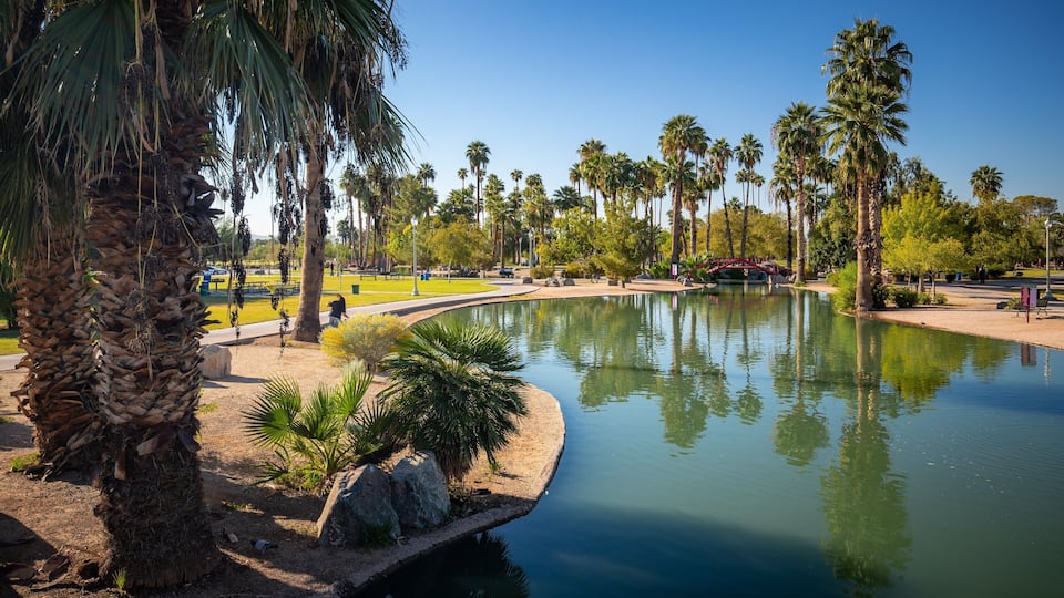 Encanto Park showing a pond and a garden