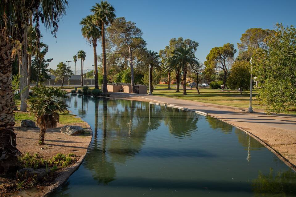 A calm water feature with palm trees and a park setting.