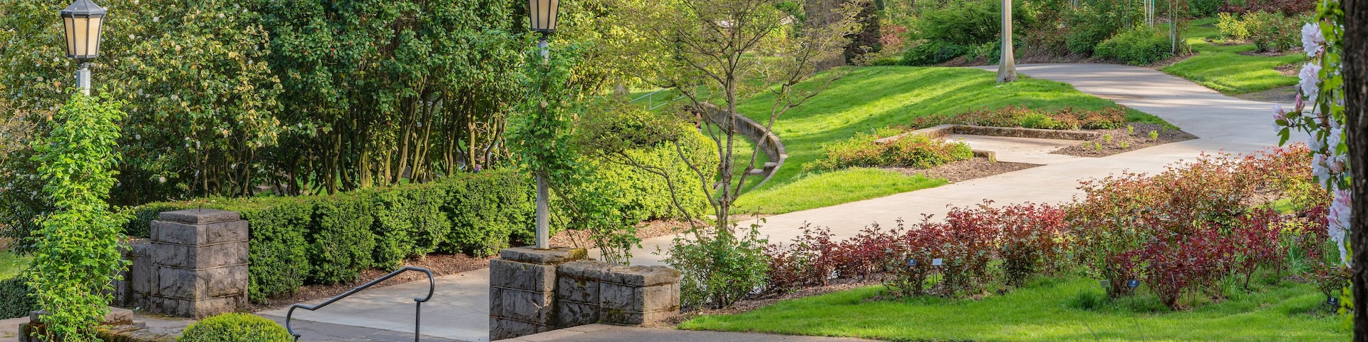 A park with a winding path, stone benches, and lamp posts.
