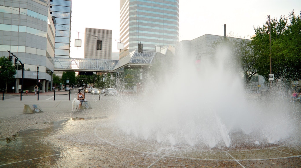 Tom McCall Waterfront Park which includes a fountain and a city