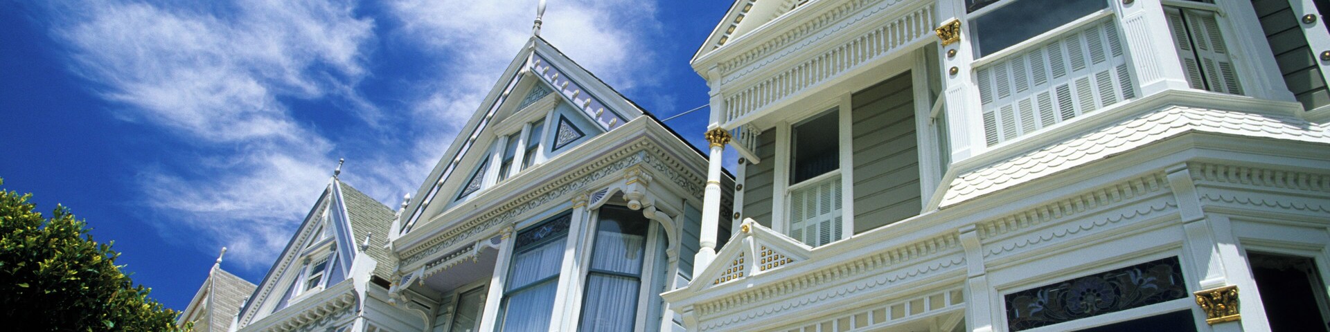 USA, California, San Francisco, Alamo Square, town houses, low angle view