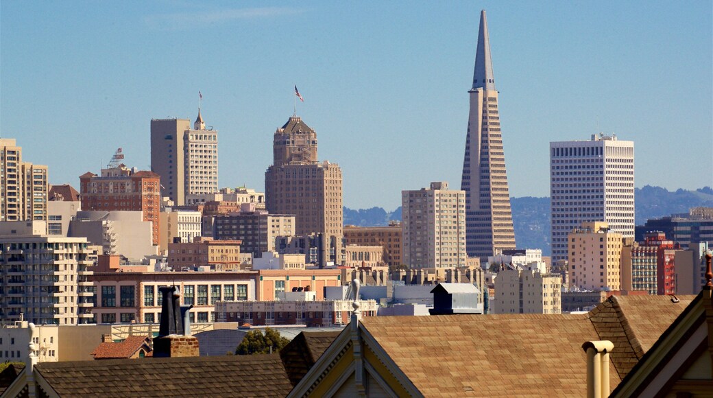 Alamo Square som viser skyskraper, landskap og by