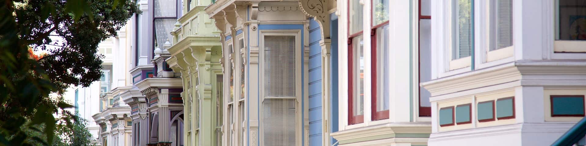Alamo Square showing heritage architecture, a house and a coastal town