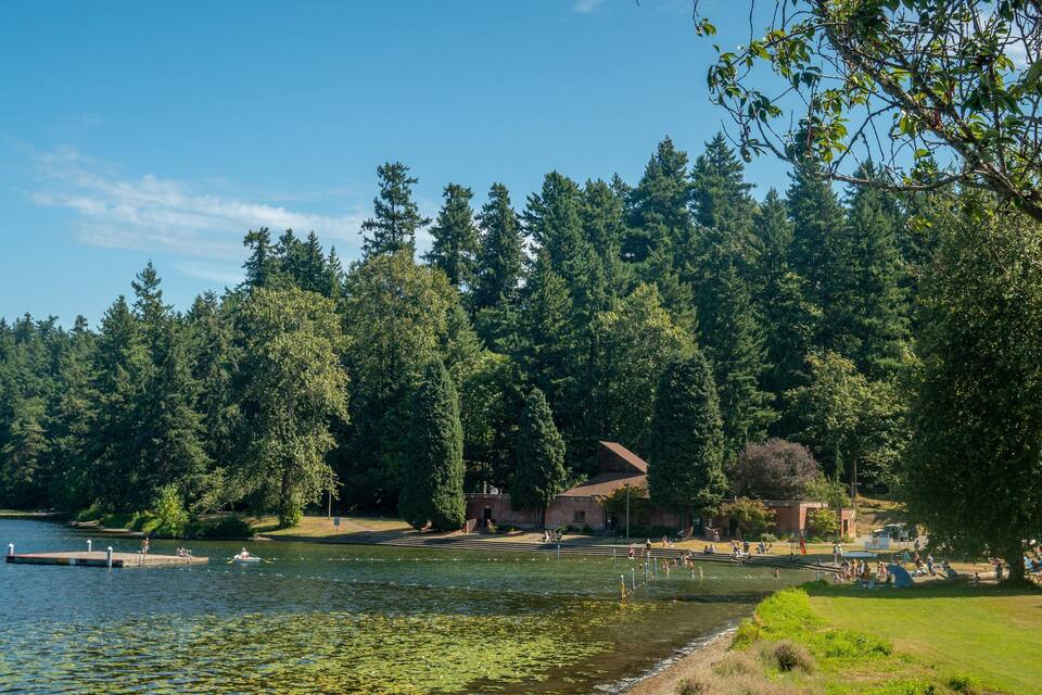A lake surrounded by dense forest, a dock, and a picnic area with people.
