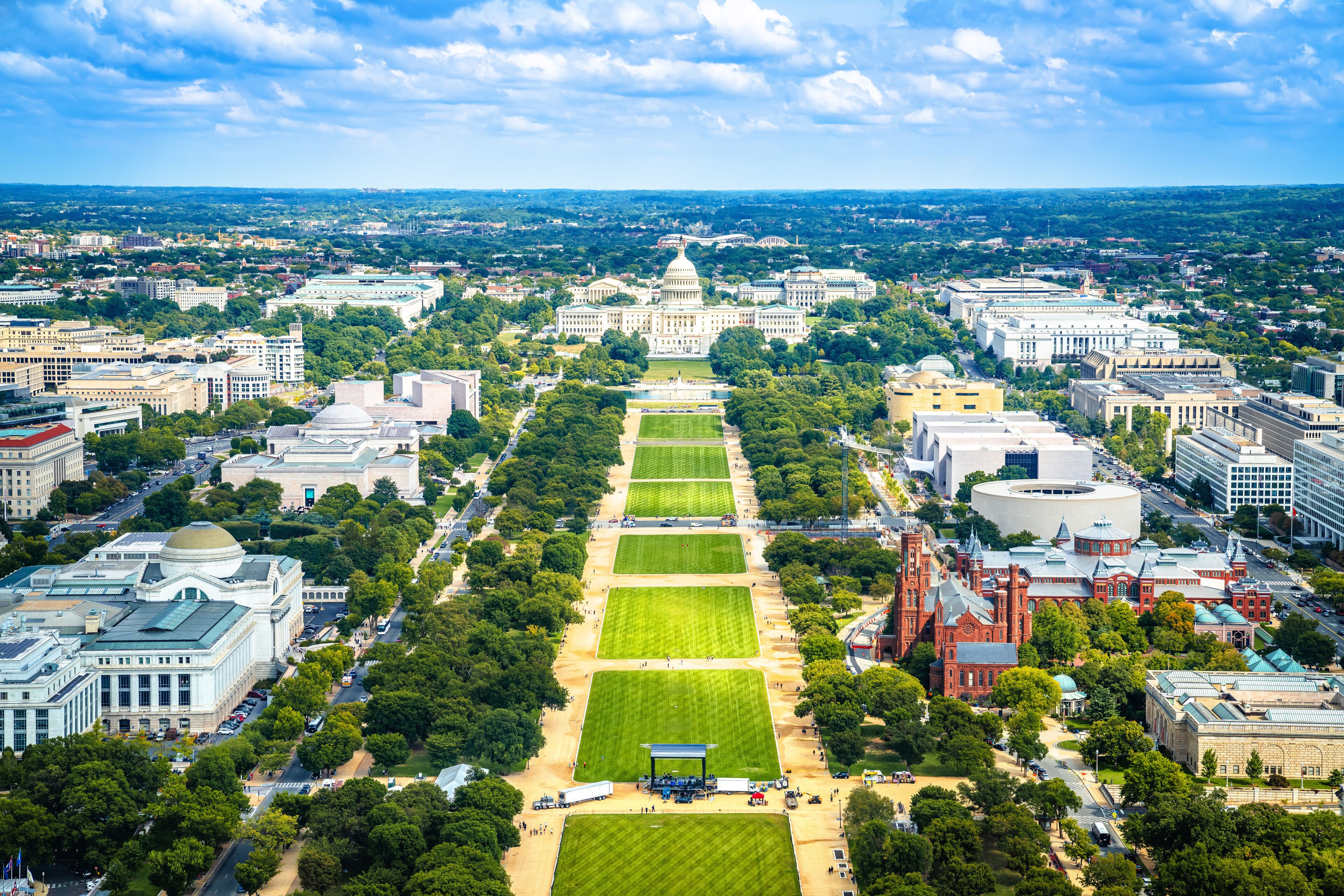 Washington DC cityscape aerial panoramic view, US Capitol and the mall view