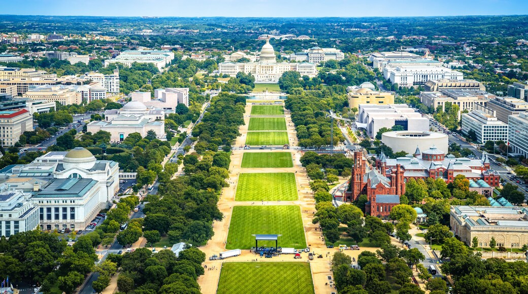 Washington DC cityscape aerial panoramic view, US Capitol and the mall view