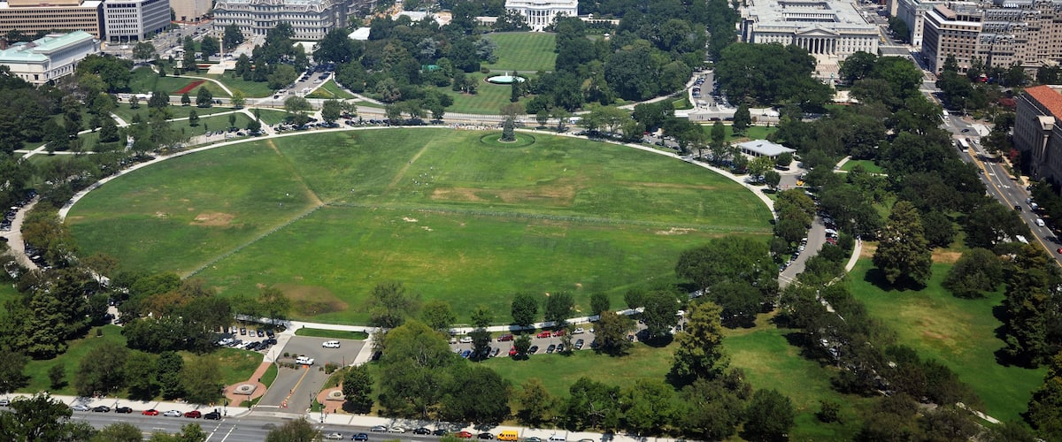 White House and the Ellipse aerial view from Washington Monument in Washington, District of Columbia DC, USA.