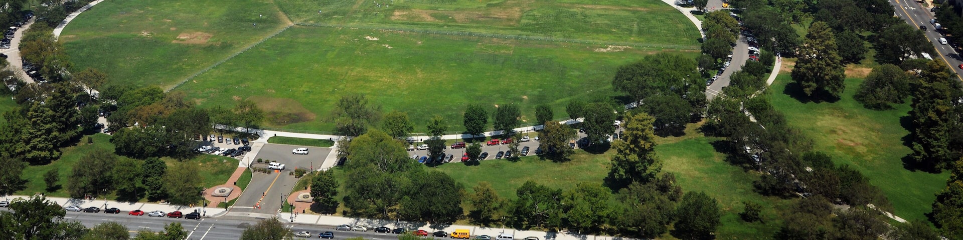 White House and the Ellipse aerial view from Washington Monument in Washington, District of Columbia DC, USA.