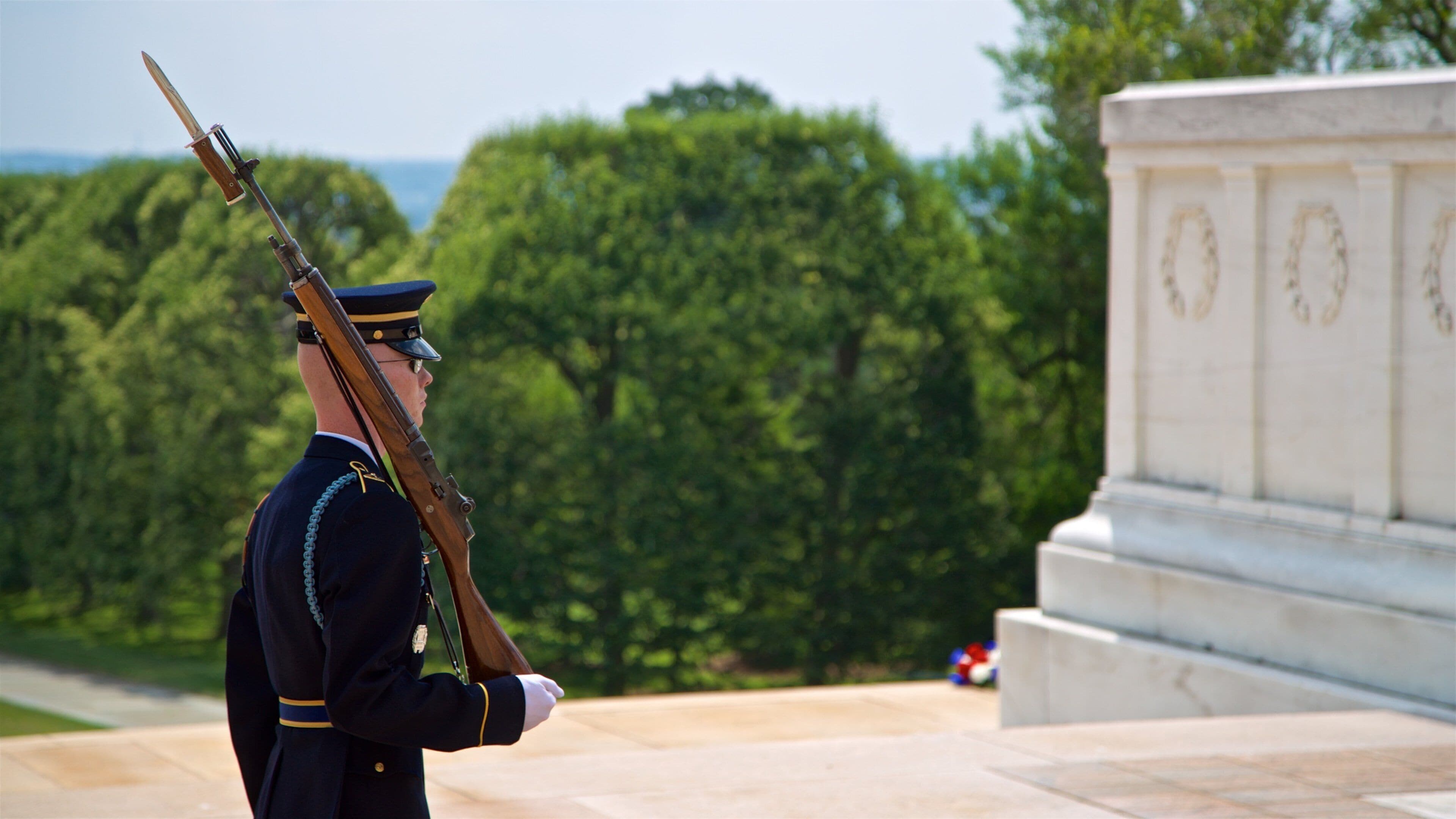 Arlington National Cemetery showing military items as well as an individual male
