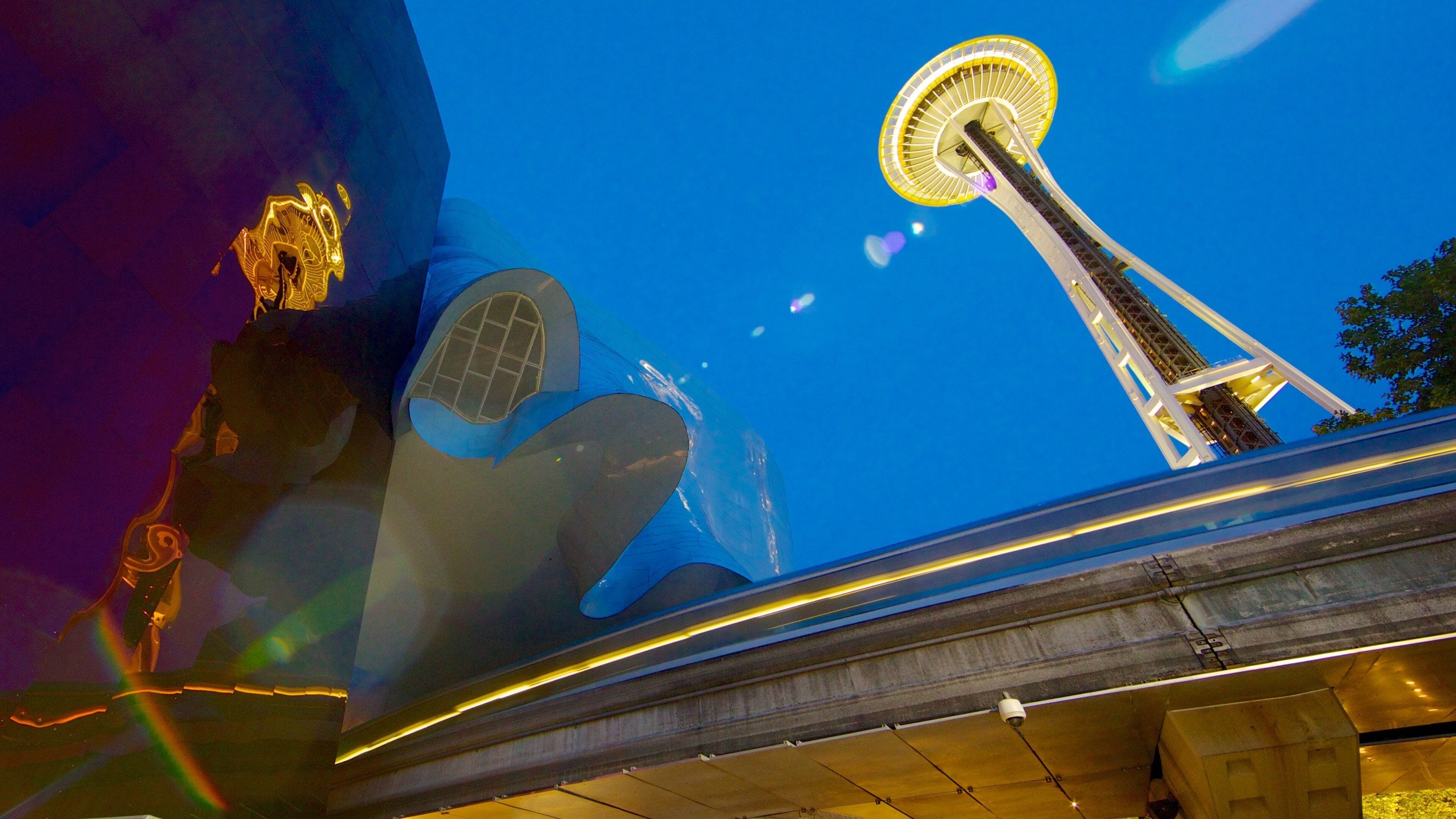 Seattle Center featuring modern architecture and night scenes
