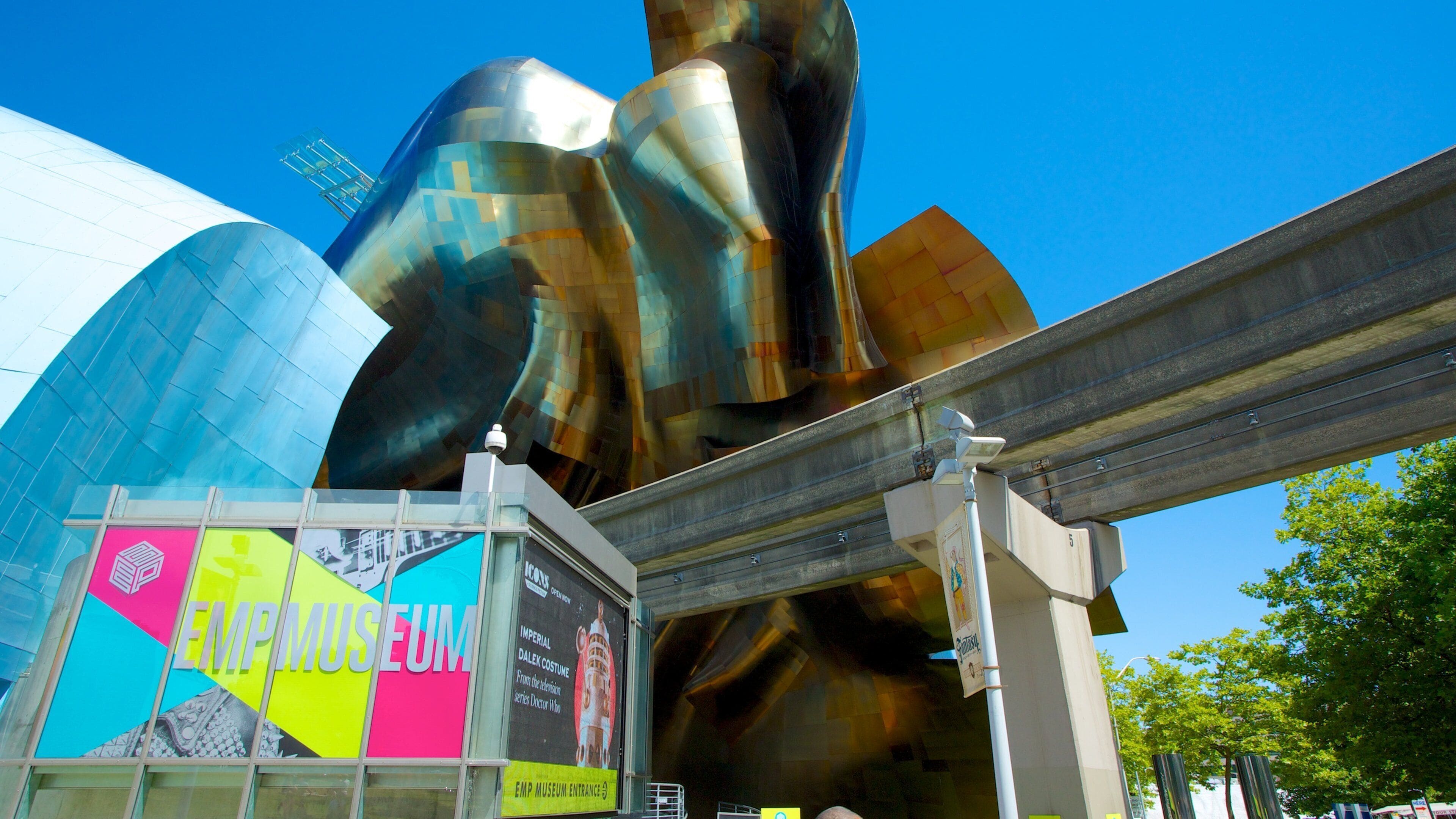 Seattle Center showing a city, modern architecture and signage