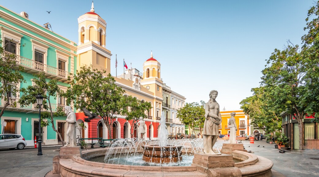 Plaza de Armas, town square with fountain in the city centre of Old San Juan, Puerto Rico.