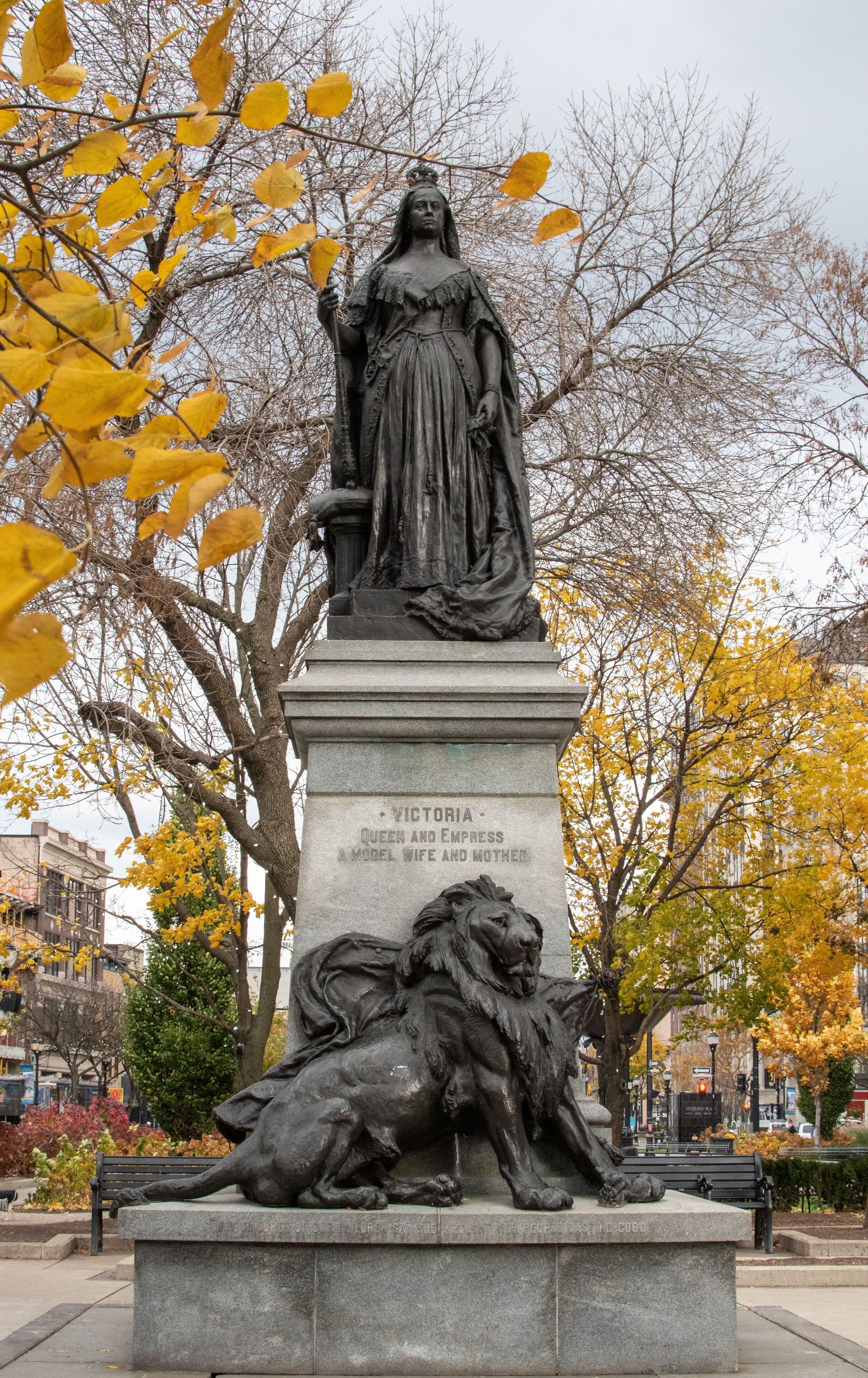 Beautiful shot in autumn of statue of Queen Victoria, Gore Park, Hamilton, Ontario, Canada