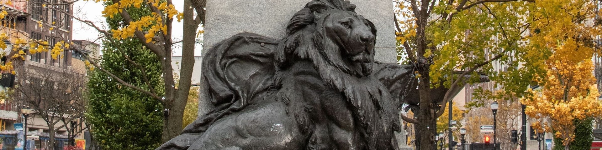Beautiful shot in autumn of statue of Queen Victoria, Gore Park, Hamilton, Ontario, Canada