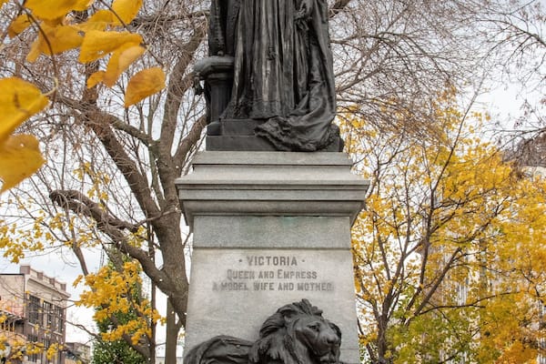 Beautiful shot in autumn of statue of Queen Victoria, Gore Park, Hamilton, Ontario, Canada
