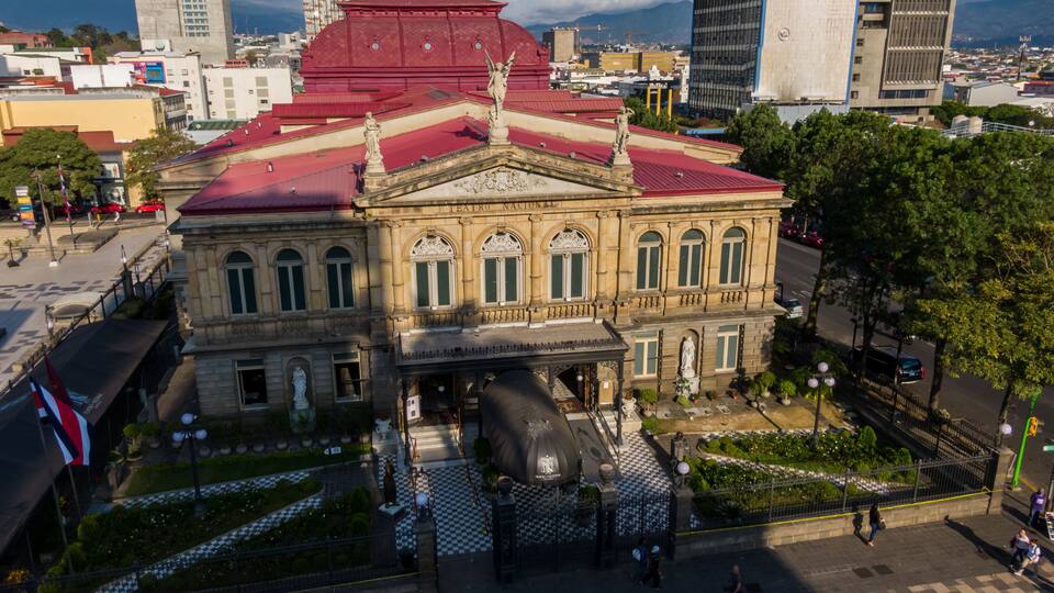 Beautiful aerial view of the Cultural plaza and the National theater on the streets of San Jose