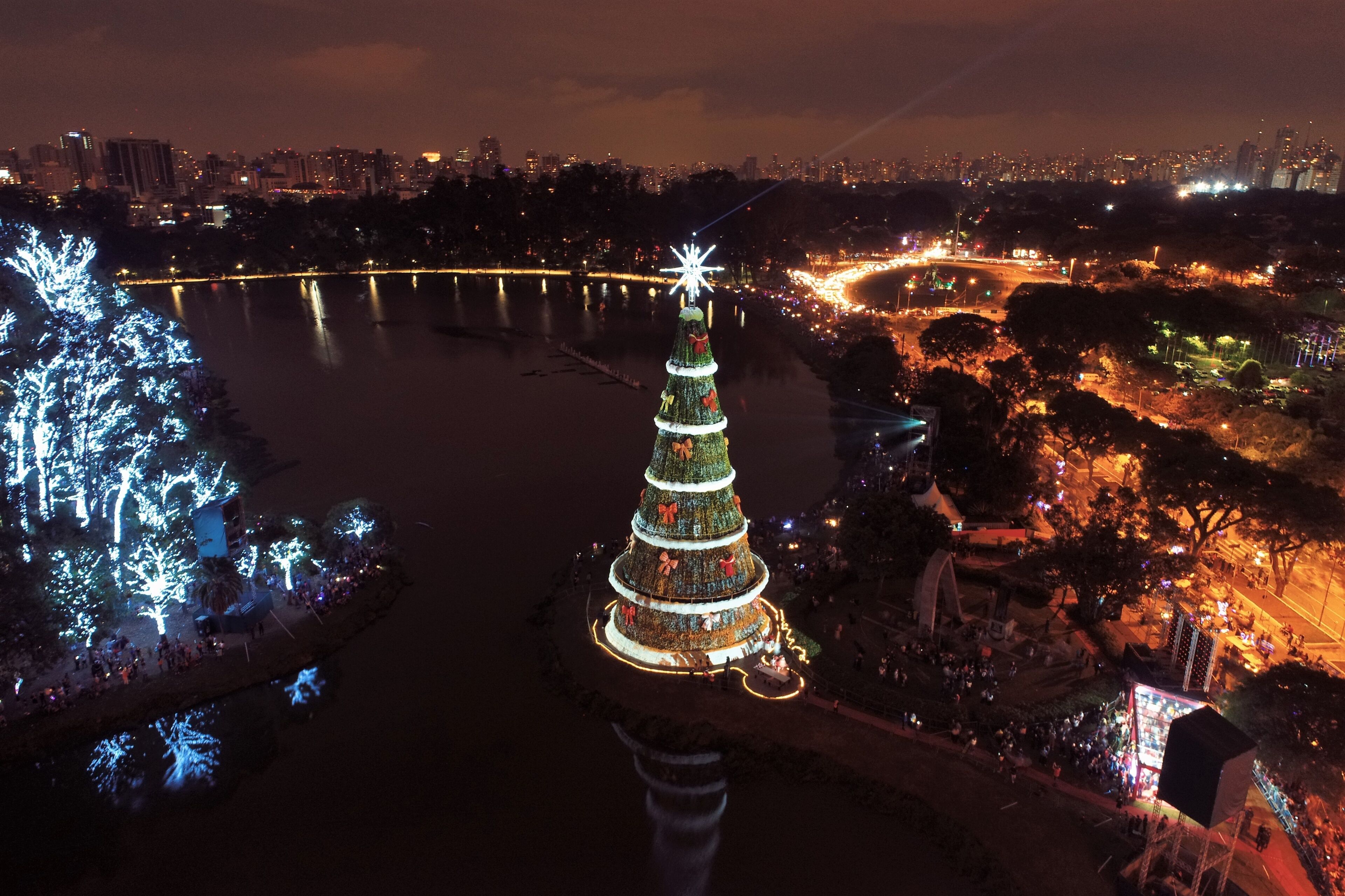 Aerial view of Christmas Tree in Ibirapuera Park, São Paulo, Brazil. Santa Claus celebration. Happy Holiday.