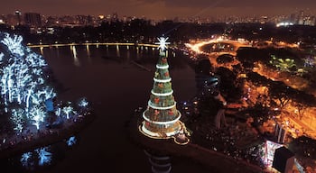 Aerial view of Christmas Tree in Ibirapuera Park, São Paulo, Brazil. Santa Claus celebration. Happy Holiday.
