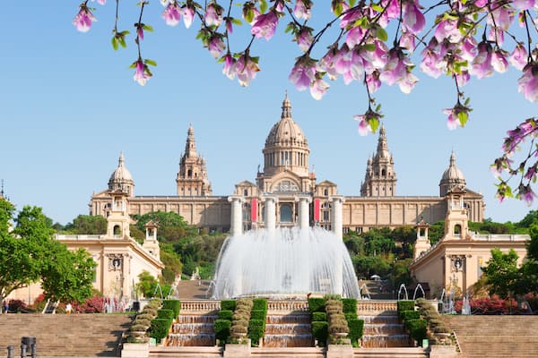 Square of Spain - National museum of Barcelona with fountain at spring day, Spain
