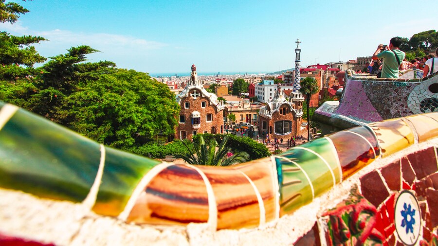 BARCELONA, SPAIN - JULY 19: Ceramic mosaic Park Guell on July 19, 2013 in Barcelona, Spain. Park Guell is the famous architectural town art designed by Antoni Gaudi and built in the years 1900 to 1914