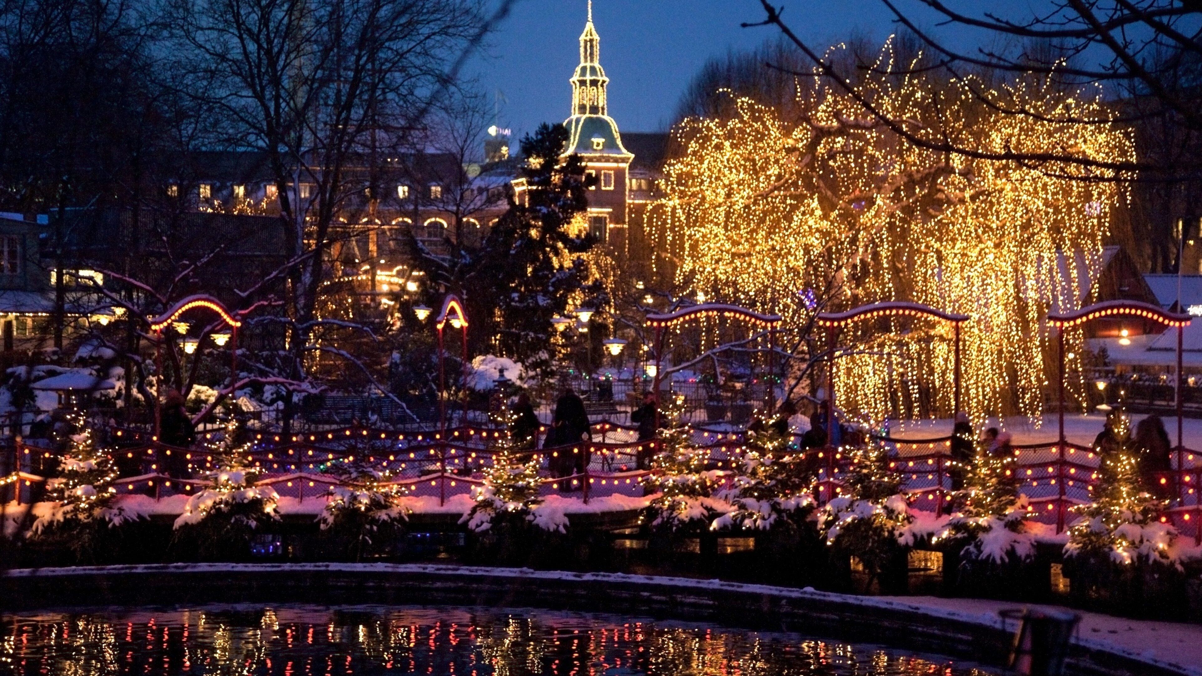 Tivoli Gardens featuring a city, night scenes and a garden