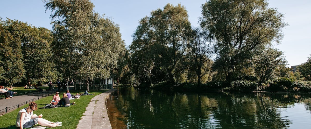St. Stephen\'s Green showing a pond and a garden