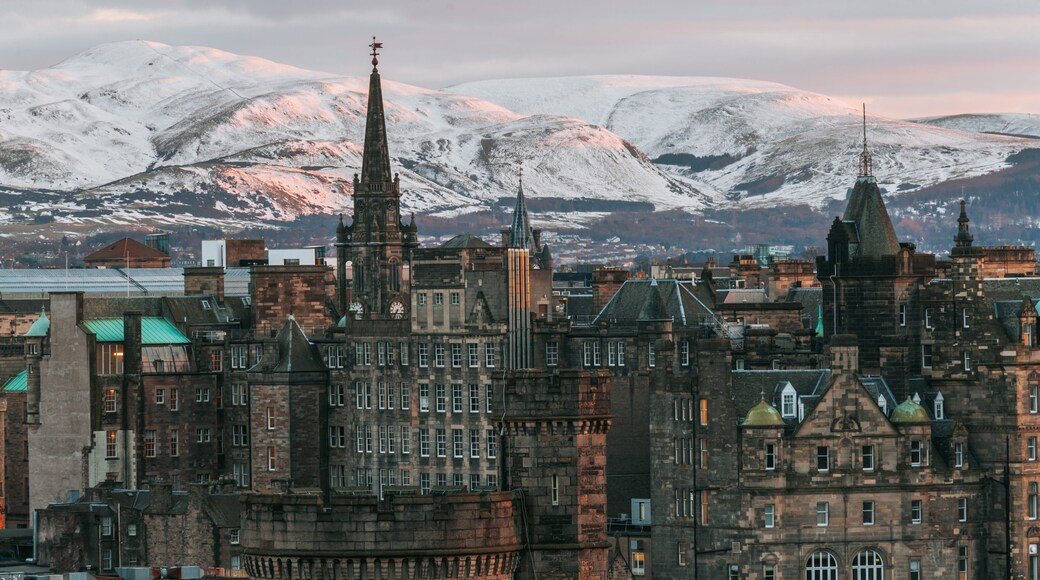 Calton Hill featuring a city, a sunset and heritage architecture