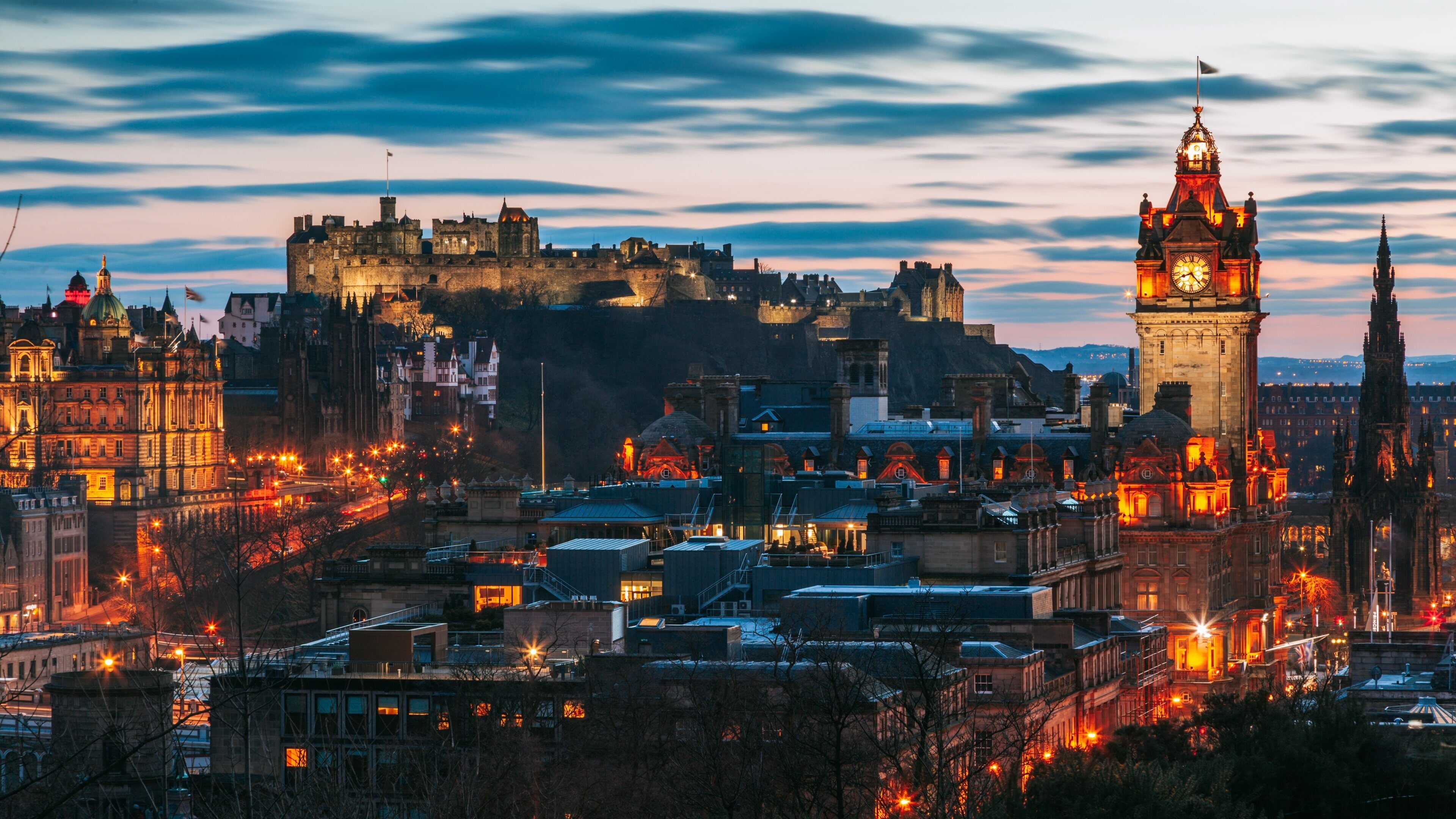 Calton Hill which includes landscape views, heritage architecture and night scenes