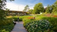 A garden with a pathway, various plants, and a building with outdoor seating.