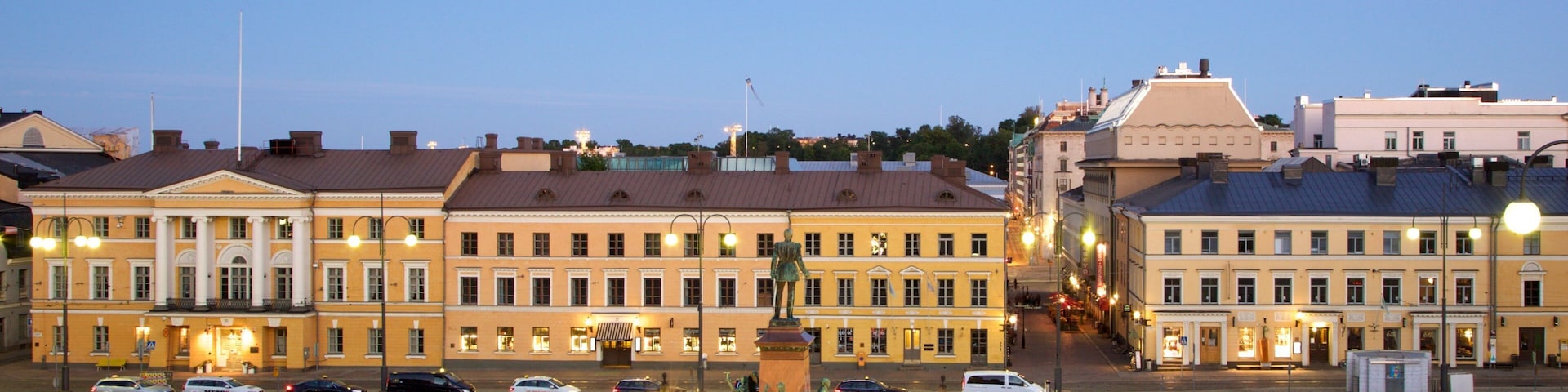 Senate Square caracterizando cenas noturnas, uma estátua ou escultura e um monumento