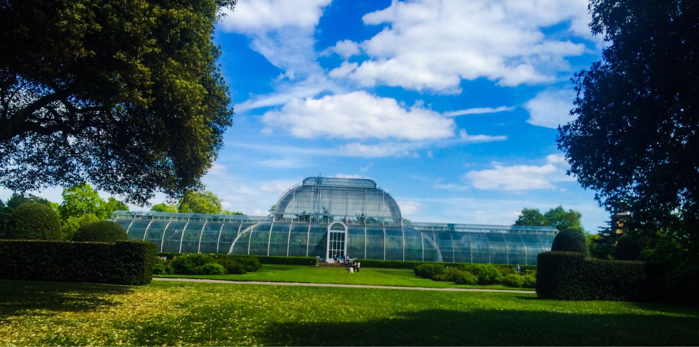 Kew Gardens, founded in the 1840s,  the world's largest collection of living plants. The Palm House (1844–1848) is made of the glass and glass panes. The 19m high central nave is surrounded by a walkway at 9m height, allowing a closer look upon the palm tree crowns. 