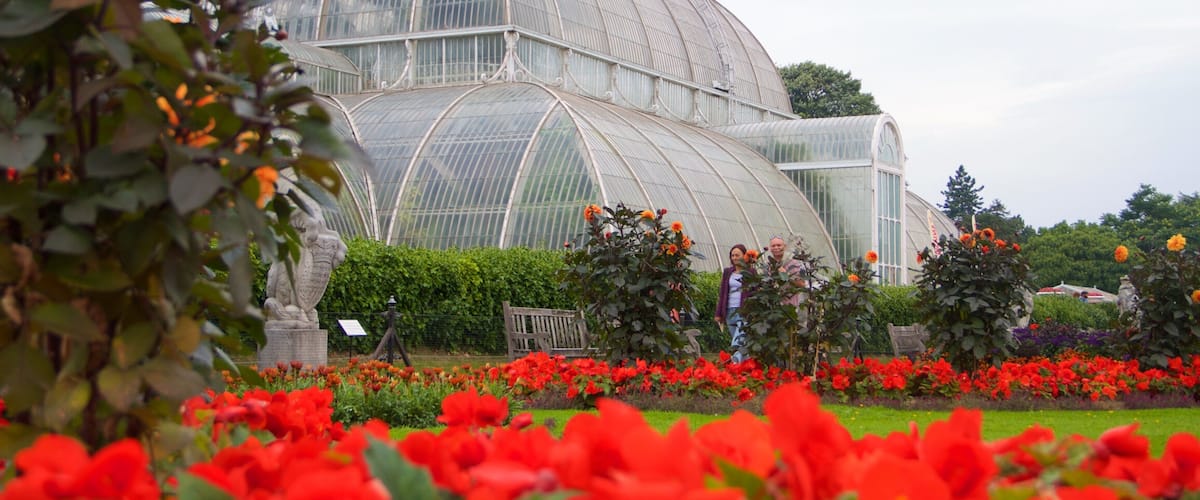 Royal Botanic Gardens, Kew which includes a park and flowers