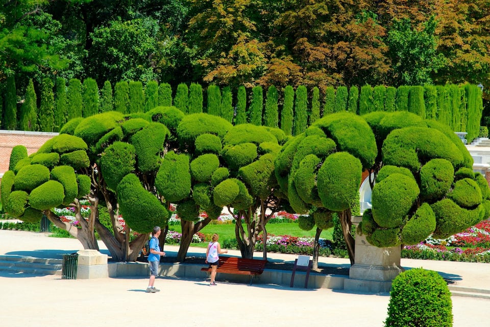 A park with topiary trees, a paved walkway, and people walking.