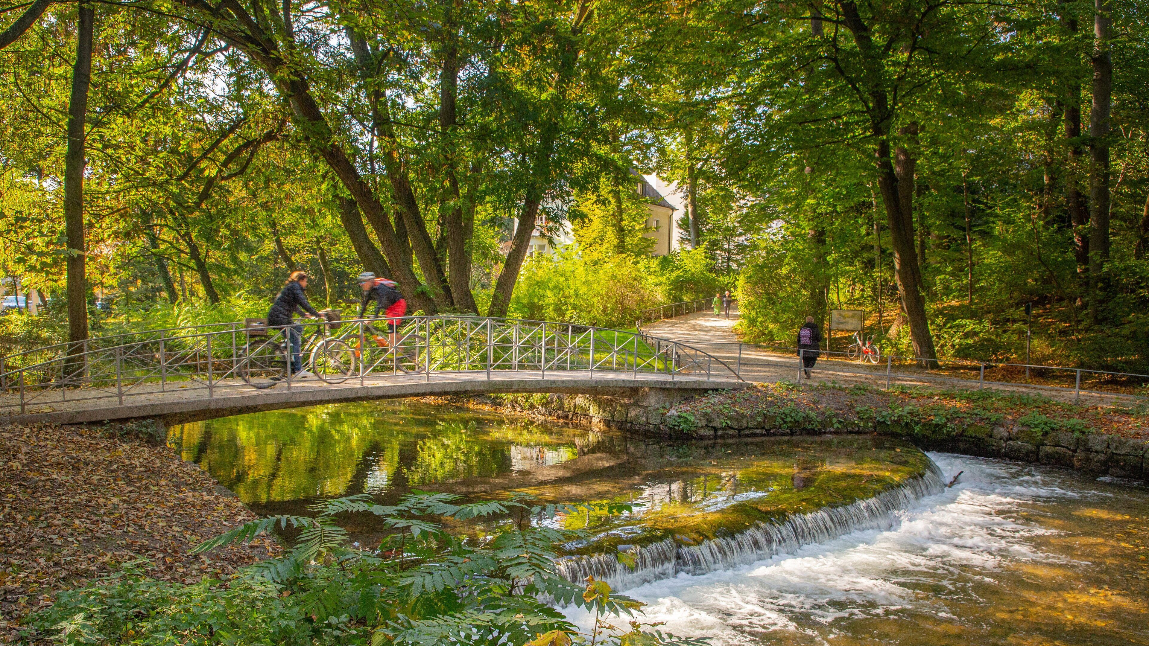 English Garden which includes a park, a bridge and a river or creek