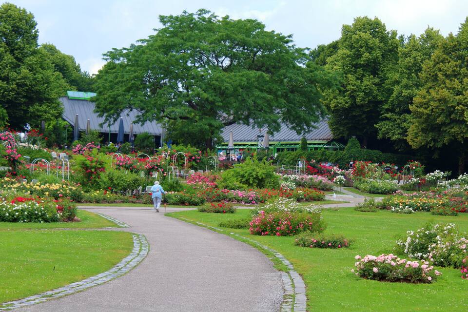 Um jardim com um caminho pavimentado, diversos canteiros de flores e um edifício ao fundo.