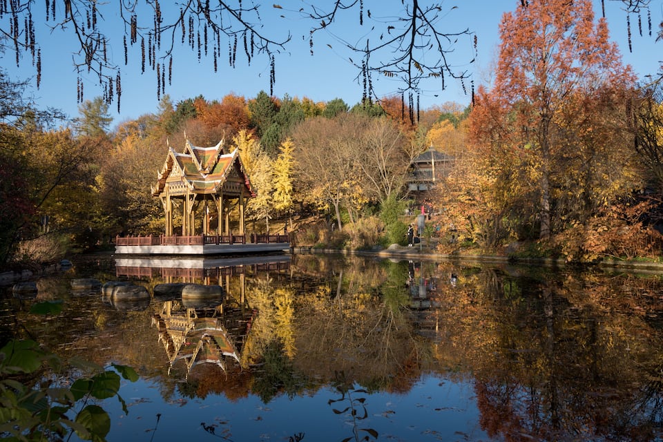 Um pavilhão tradicional à beira de um lago tranquilo, com folhagem outonal e uma pagoda ao fundo.