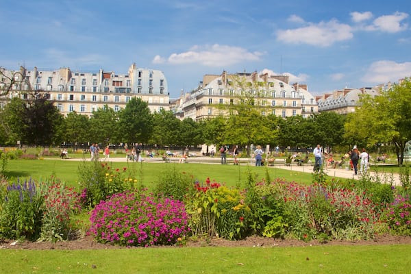 Ein Park mit bunten Blumen, saftigem Grün und Spaziergängern.